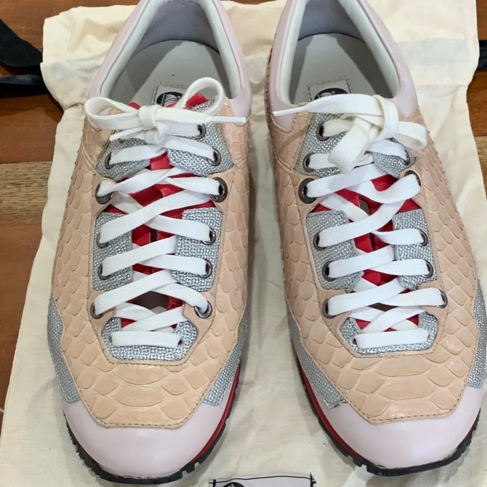 Lanvin Sneakers pink red silver python exotic lambskin lace up 39 us 9 Rose NWT - Picture 2 of 16